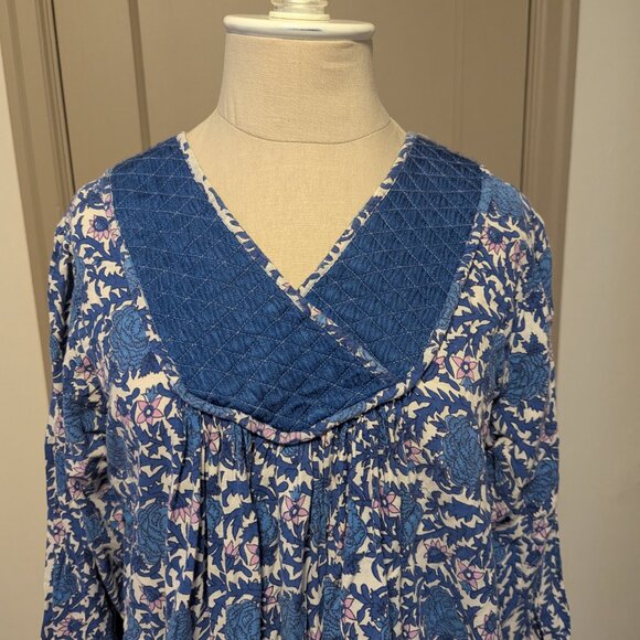 Vintage 70's Indian Gauze Top Boho Hippie ‎Quilted Neckline Prairie Block Print - Picture 8 of 9